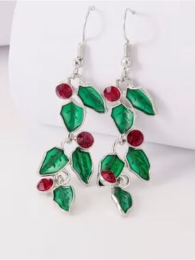 Holly Berry Enamel Dangle Earrings Red Green Christmas Holiday Jewelry